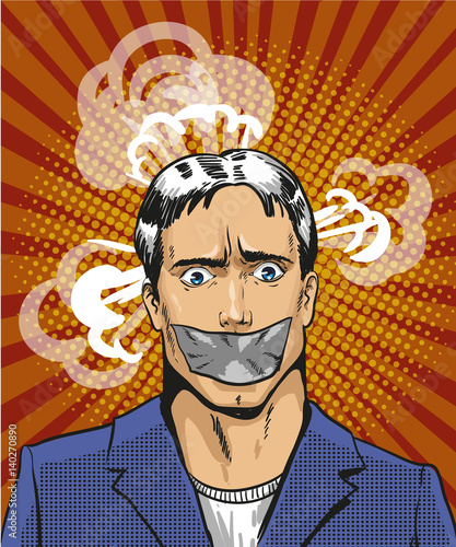 Vector pop art illustration of young man with taped mouth