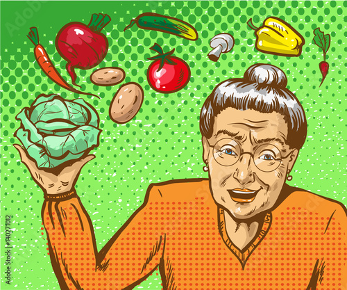 Vector pop art illustration of mature woman with vegetables