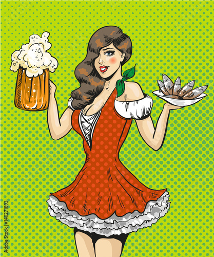 Vector pop art illustration of girl with beer and fish