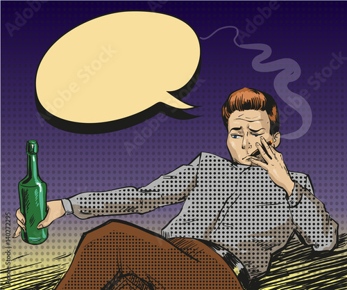 Vector pop art illustration of smoking man with bottle