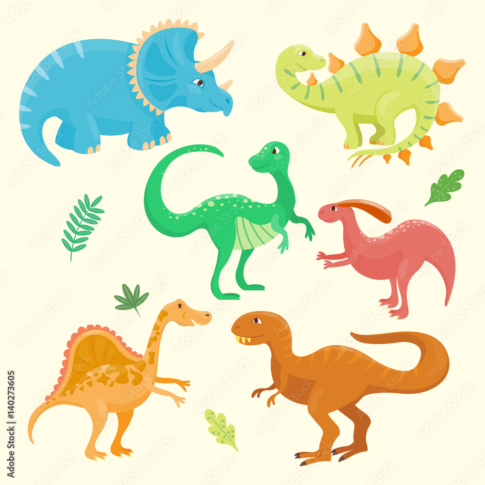 Obraz premium Cartoon dinosaurs vector illustration isolated monster animal dino prehistoric character reptile predator jurassic fantasy dragon leaf