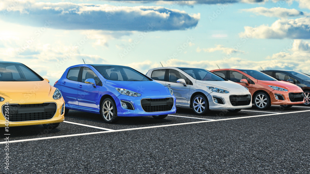 Obraz premium samochody na parkingu. Renderowanie 3d