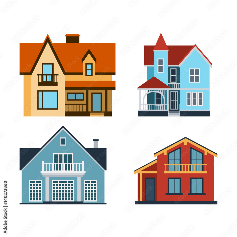 Houses front view vector illustration building architecture home construction estate residential property roof set apartment housing cottage