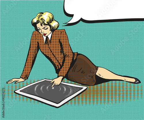 Vector vintage pop art illustration of businesswoman using tablet