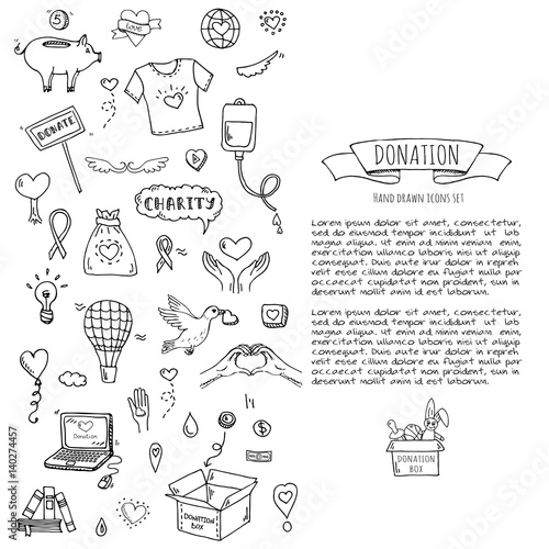 Hand drawn doodle Donation icons set. Vector illustration. Charity symbols collection Cartoon donate sketch elements: blood donation, box, heart, money jar, care, help, gift, giving hand, fund raising