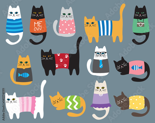 Vector illustration of cats in different colors and patterns.