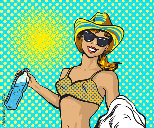Vector pop art illustration of woman in swimsuit on beach
