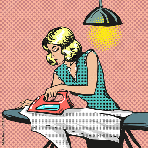 Vector pop art illustration of woman ironing clothes