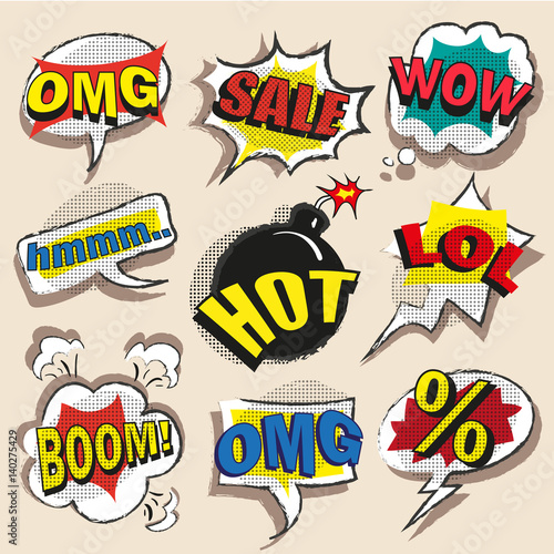 Vector pop art comic speech bubble set with abbreviations