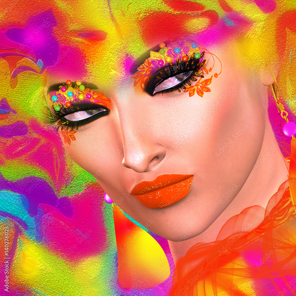 Face of beautiful woman in 3d render. Colorful makeup and abstract background create modern portrait. Face of beautiful woman in 3d render. Colorful makeup and abstract background create modern portrait.