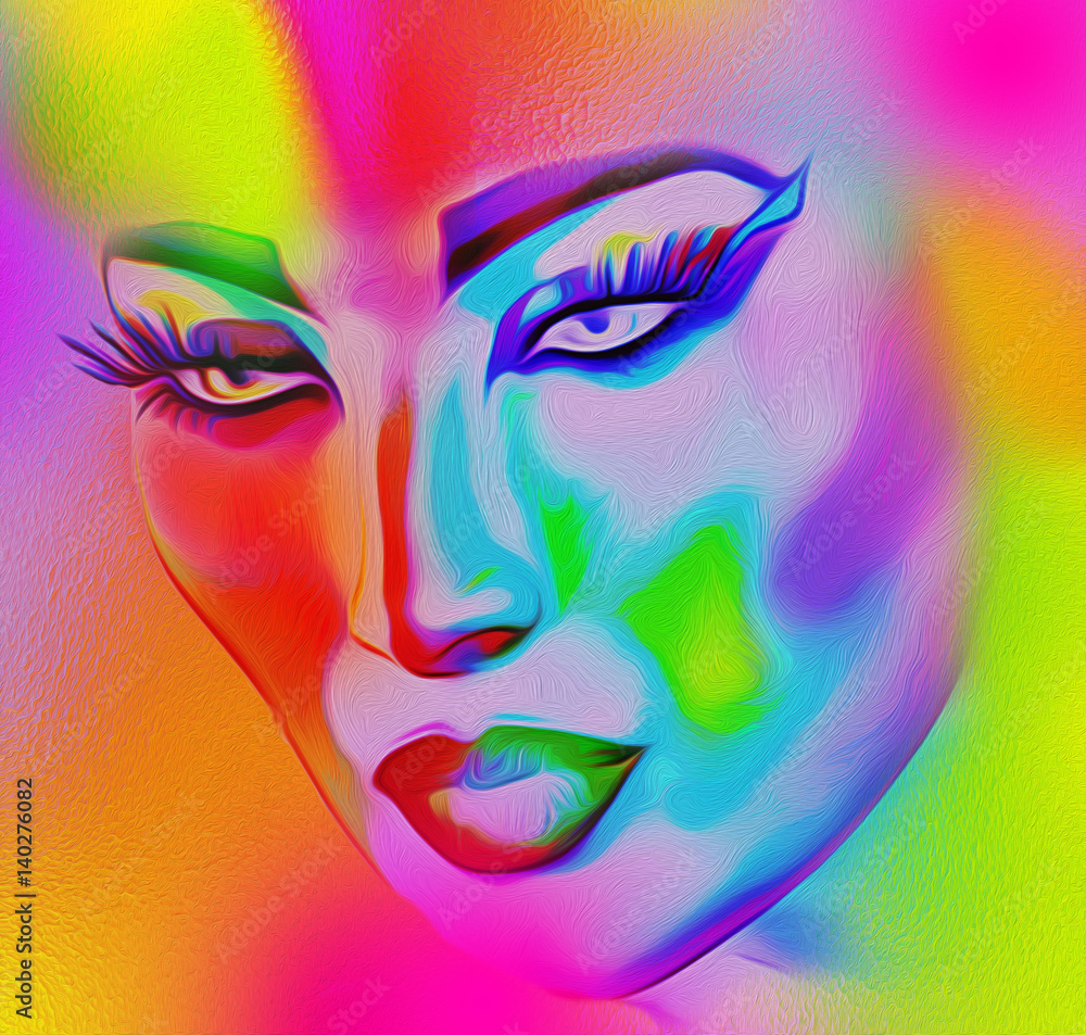 Face of beautiful woman in 3d render. Colorful makeup and abstract background create modern portrait. 