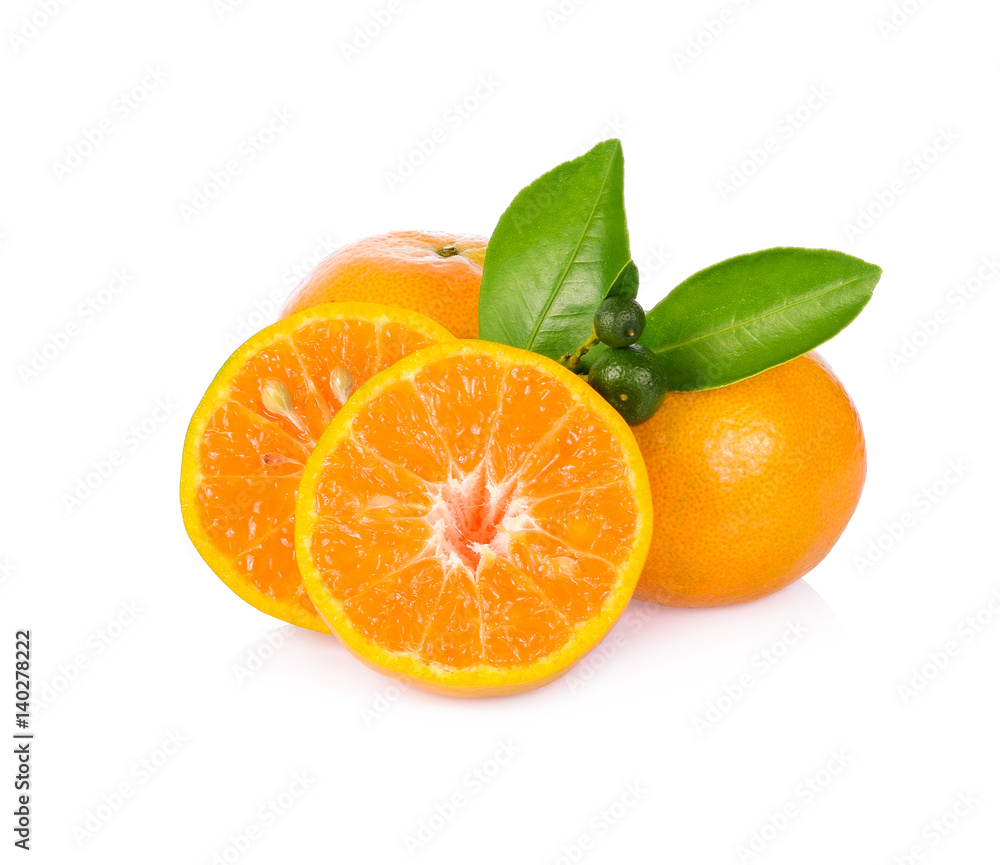 Half of orange fruit and leaf with young orange isolated on white background, Sai Nam Phueng orange of Thailand. Half of orange fruit and leaf with young orange isolated on white background, Sai Nam Phueng orange of Thailand.