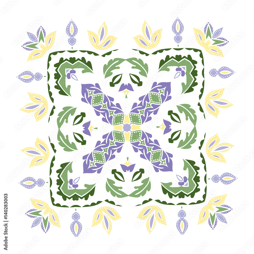 Hand drawing pattern for tile in blue, yellow and green colors. Floral square stencil Hand drawing pattern for tile in blue, yellow and green colors. Floral square stencil