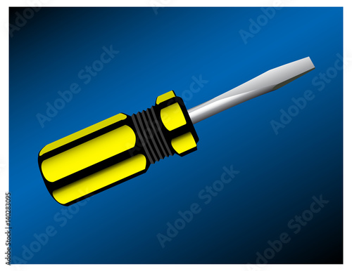vector illustration of a black and yellow, plastic-handled screwdriver on a blue gradient background