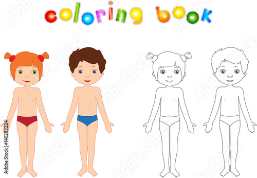 Boy and girl unclothed. Educational coloring book for kids