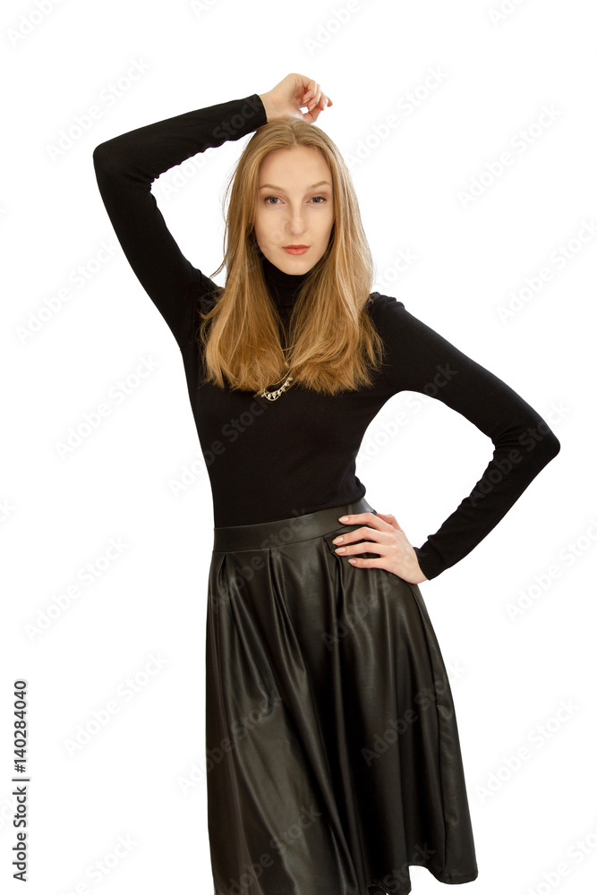 beautiful young blonde girl in a leather black skirt beautiful young blonde girl in a leather black skirt