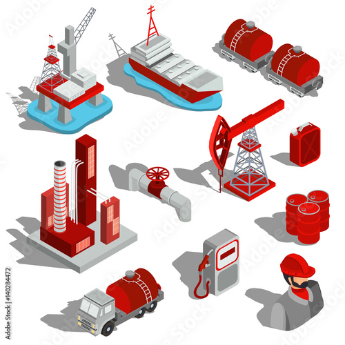 A set of isolated vector isometric illustrations, 3D icons of the oil industry.