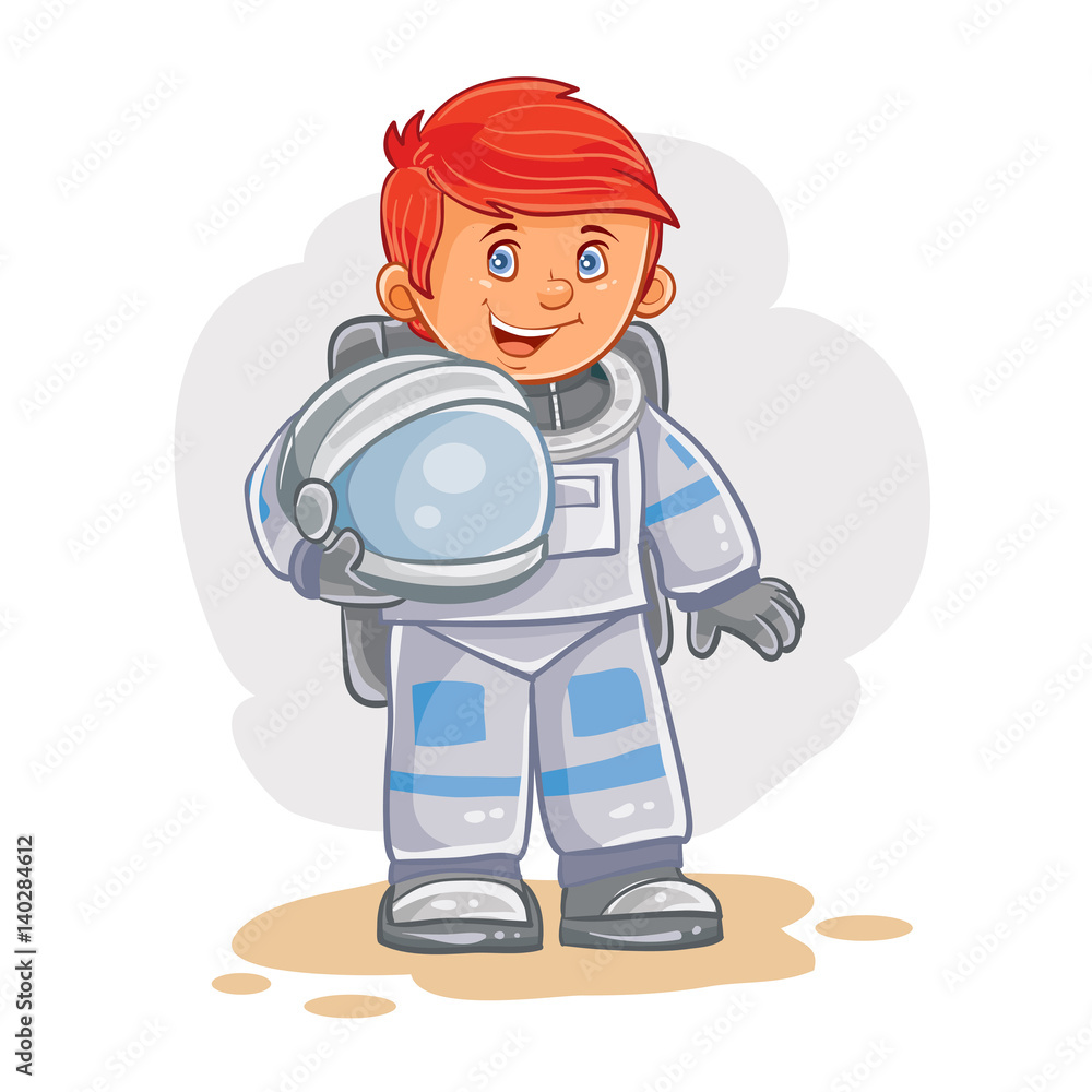 Vector icon of small child astronaut in a space suit and helmet in hand. Vector icon of small child astronaut in a space suit and helmet in hand.