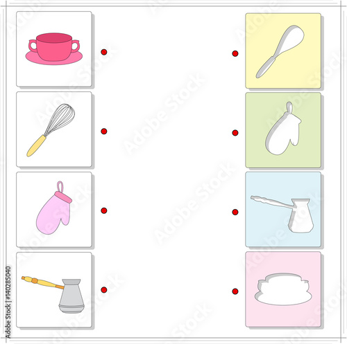 Tureen, whisk, pothole and coffee turk. Educational game for kids
