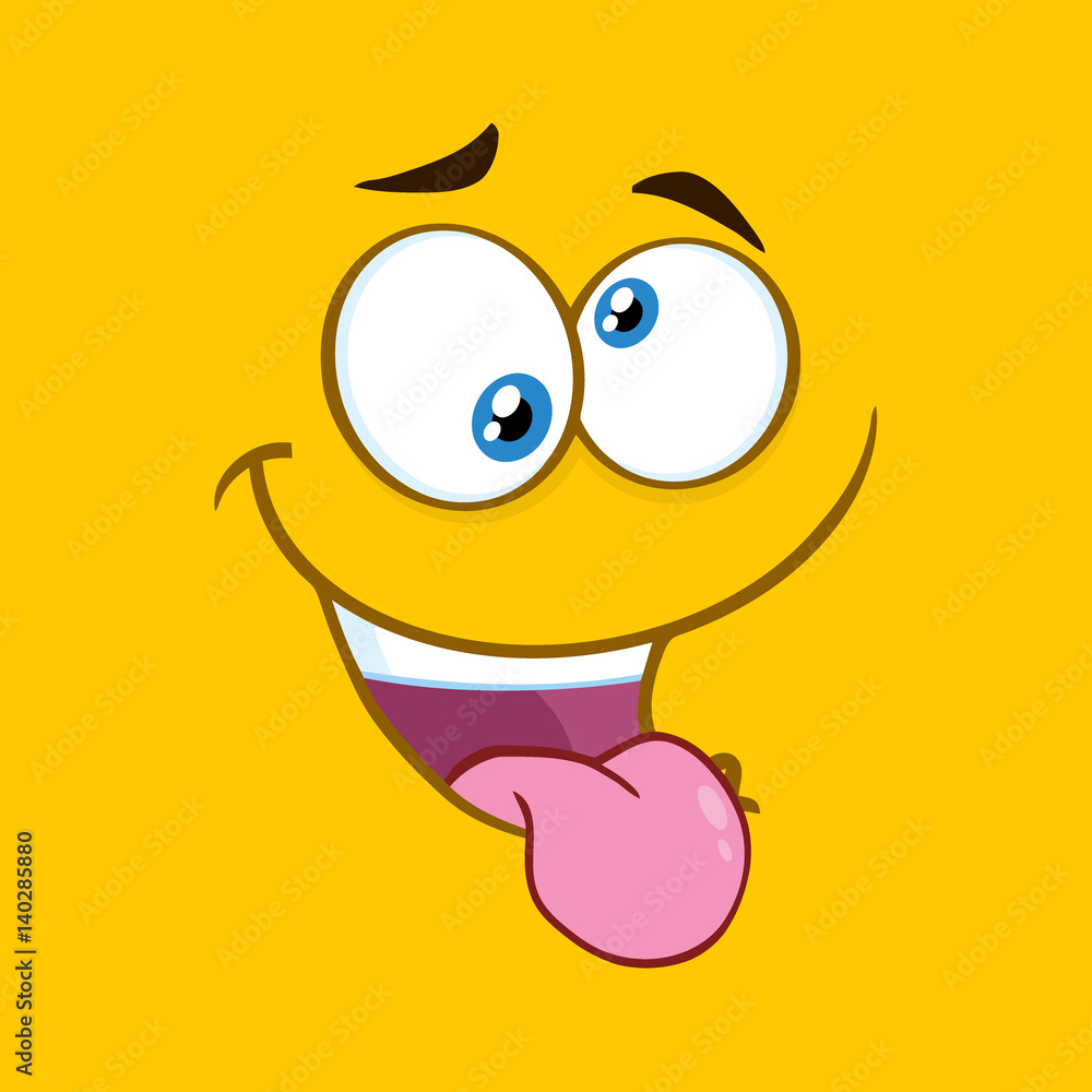 Obraz premium Mad Cartoon Square Emoticons With Crazy Expression And Protruding Tongue. Illustration With Yellow Background