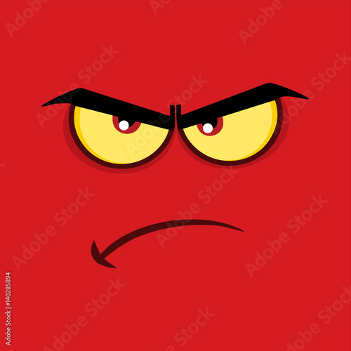 Angry Cartoon Funny Face With Grumpy Expression. Illustration With Red Background