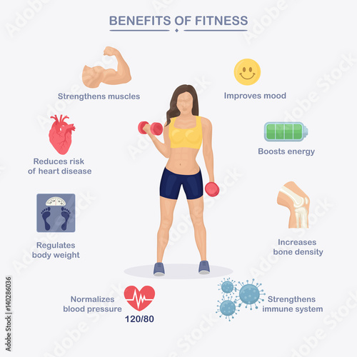 Fitness woman in gym isolated on white background. Benefits of exercise, sport. Healthy lifestyle, workout concept. Vector illustration