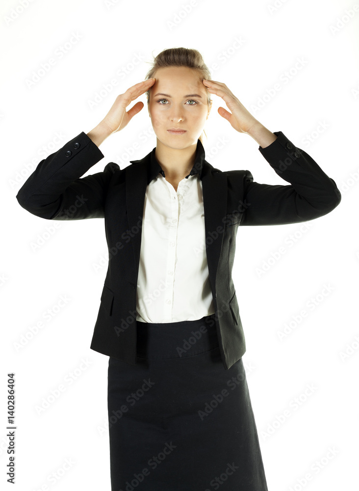 Smiling business woman in office clothes holds hands at head. White background
Smiling business woman in office clothes holds hands at head. White background
