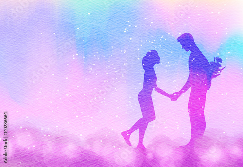 Young couple in love silhouette on watercolor background. Romantic scene. Digital art painting