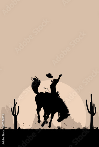 Rodeo cowboy riding wild horse, vector