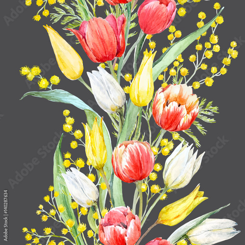 Watercolor mimosa and tulip vector pattern