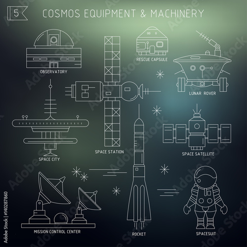 Vector set of space equipment, machinery. Observatory, rescue capsule, lunar rover, space city, station, satellite, mission control center, rocket, spacesuit in the dark. For poster, website, postcard
