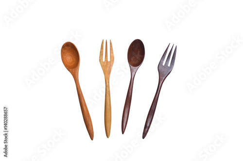 wood spoon and fork on white background