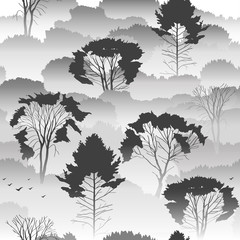 Keuken achterwand Bos patronen Seamless vector black and white pattern. Top view of an autumn forest with deciduous trees in the fog. About the environment, nature, travel. Mysterious landscape.  © struvictory