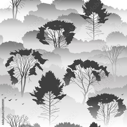 Seamless vector black and white pattern. Top view of an autumn forest with deciduous trees in the fog. About the environment, nature, travel. Mysterious landscape.