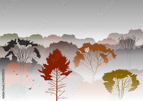 Vector illustration. Silhouettes of autumnal mountains with trees in fog. Smog, autumn mysterious landscape. Template for site, tourist brochures.