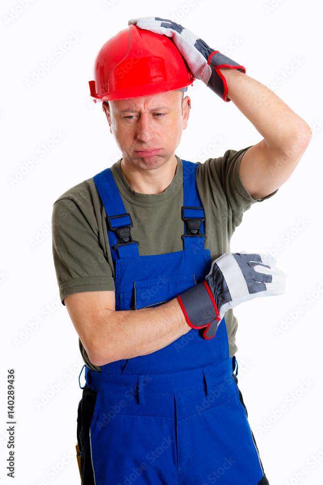 workman with helmet thinking workman with helmet thinking