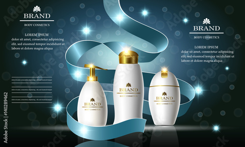 Cosmetics beauty series, ads of premium shampoo, soap, cream, set for skin care. Template for design poster, placard, presentation, banners, cover, vector illustration.