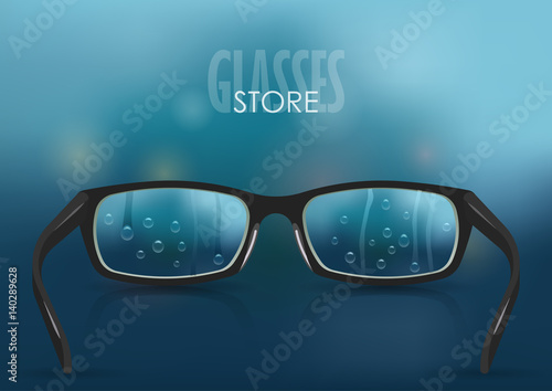 Vector illustration on the theme of myopia, vision. Black stylish realistic glasses with drops close-up on a background of blurred blue rainy gradient mesh. For poster, adv, web template.