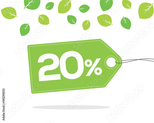 Green price tag label with 20% text and stitches on it and with shadow on white background with leaves. For spring and summer sale campaigns.