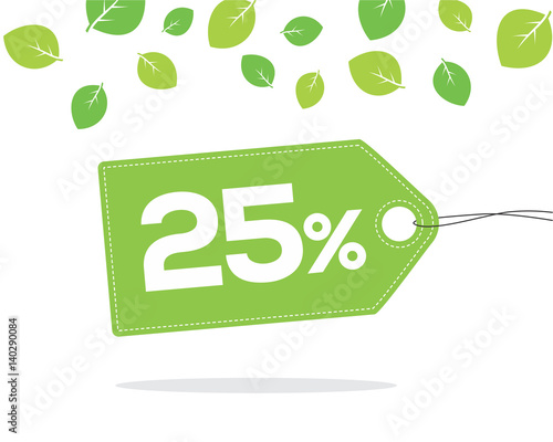 Green price tag label with 25% text and stitches on it and with shadow on white background with leaves. For spring and summer sale campaigns.