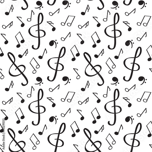 Seamless pattern with notes, treble clef, stave. Musical background.