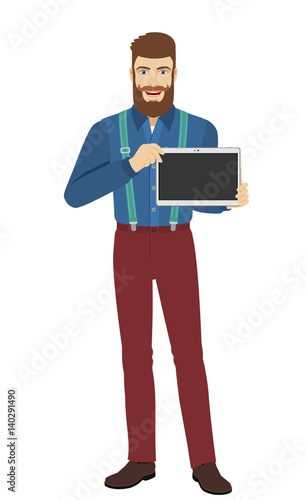 Hipster showing blank digital tablet PC