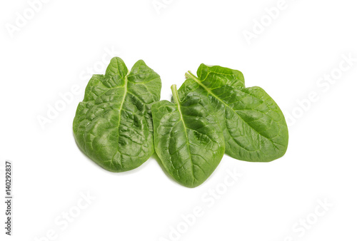 green spinach leaves on white background