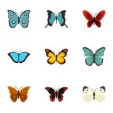 Brightly colored butterfly icons set, flat style