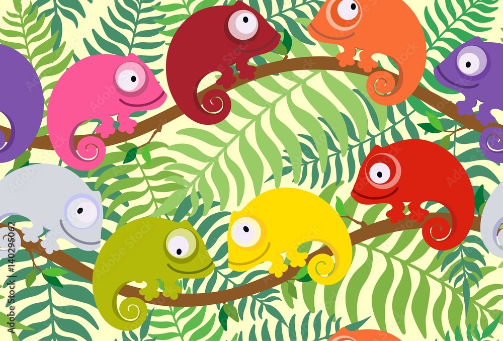 Obraz premium Seamless pattern for children with multi-colored chameleon. Vector illustration.