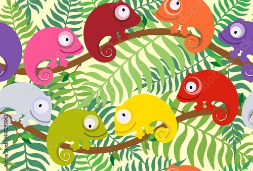 Seamless pattern for children with multi-colored chameleon. Vector illustration.
