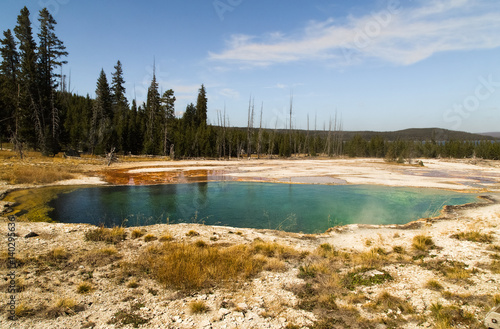  Abyss Pool in the West Thumb Geyser Basin,forest and sky as background Yellowstone National Park, morning,WY,USA