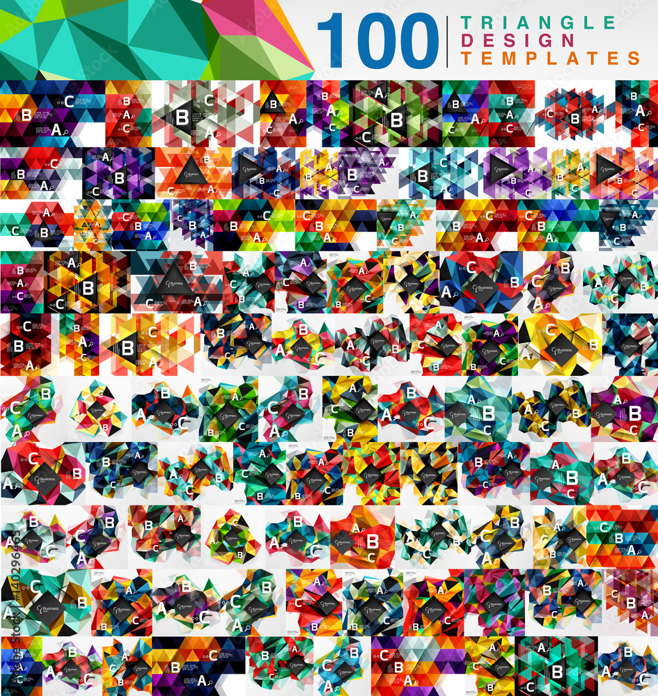Mega collection of 100 mosaic low poly triangle abstract backgrounds