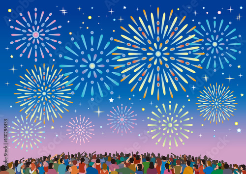 群衆、花火大会、花火と群衆、星と花火