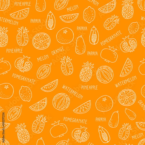 Seamless pattern with hand drawn exotic fruit on yellow background